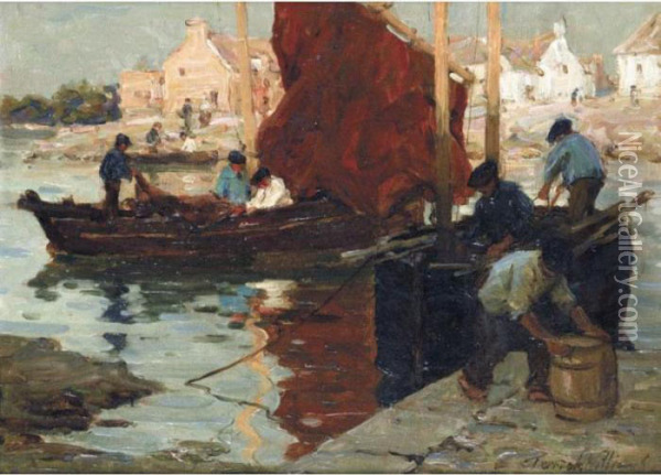 A Corner Of The Quay, Concarneau Oil Painting - Terrick John Williams