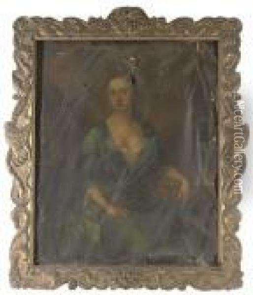 Portrait Of A Lady, Presumably 
Of The Mostyn Family, Three-quarter-length, In A Blue Dress, Resting Her
 Left Arm On A Table Oil Painting - Michael Dahl