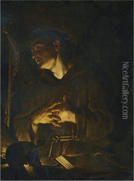 Saint Francis Praying Before A Crucifix By Candlelight Oil Painting - Francesco Trevisani
