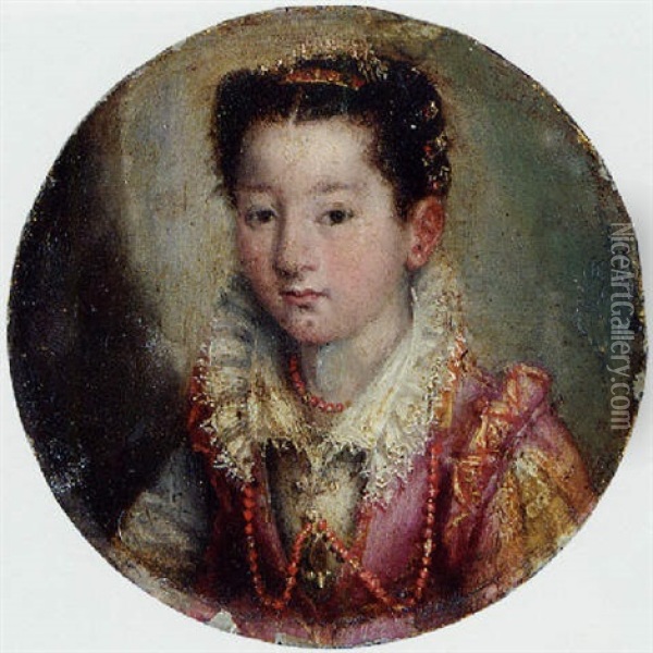 Portrait Of A Lady In A Green Dress With Pink Sleeves Oil Painting - Lavinia Fontana