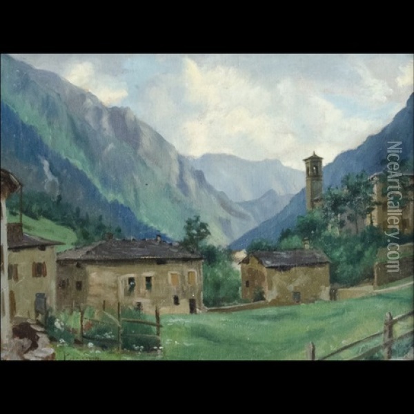 Veduta Di Paese Con Case Oil Painting - Vittorio Emanuele Bressanin