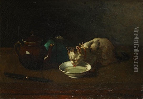 Chat Assoiffe Oil Painting - Victor Francois Guillaume van Hove