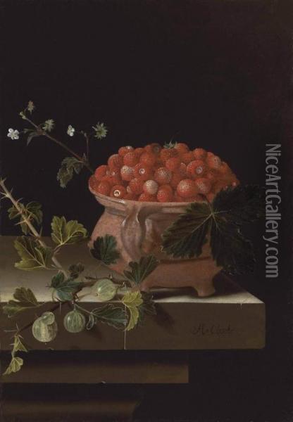 A Bowl Of Strawberries With Gooseberries On A Stone Ledge Oil Painting - Adriaen Coorte