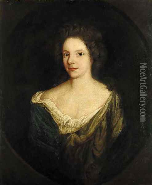 Portrait of a lady, quarter-length, in a green dress with a blue wrap, feigned oval Oil Painting - Sir Godfrey Kneller