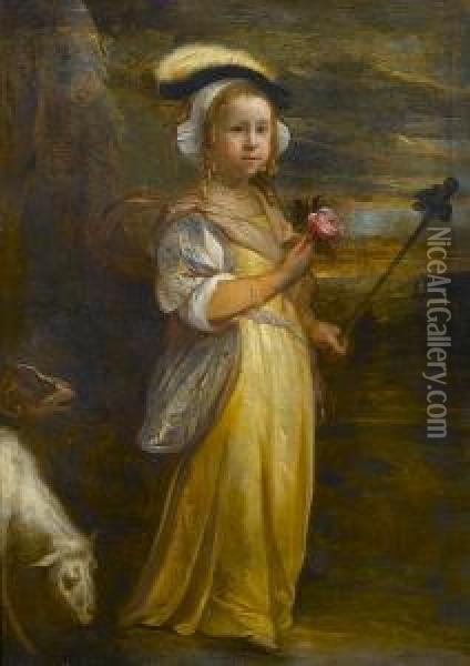 Portrait Of A Young Girl Dressed
 As A Shepherdess, In A Yellow Dress And A Plumed Hat, Holding A Rose Oil Painting - Adriaen van Utrecht