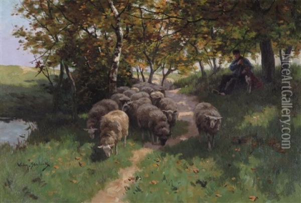 A Shepherd And Flock On A Shady Track Oil Painting - Willem Steelink