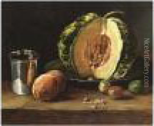 A Still Life With A Melon And Other Fruit On A Table Oil Painting - Francois Bonvin