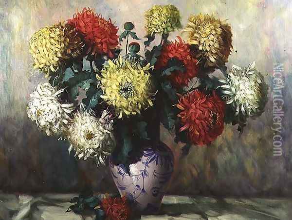 Chrysanthemums in a blue and white china vase Oil Painting - H.G. Vockwein