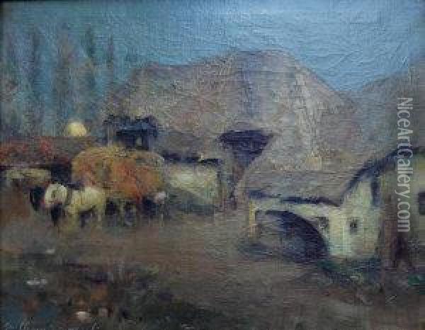 Harvesting With Thatched Farm Dwellings Under A Rising Moon Oil Painting - William Kennedy