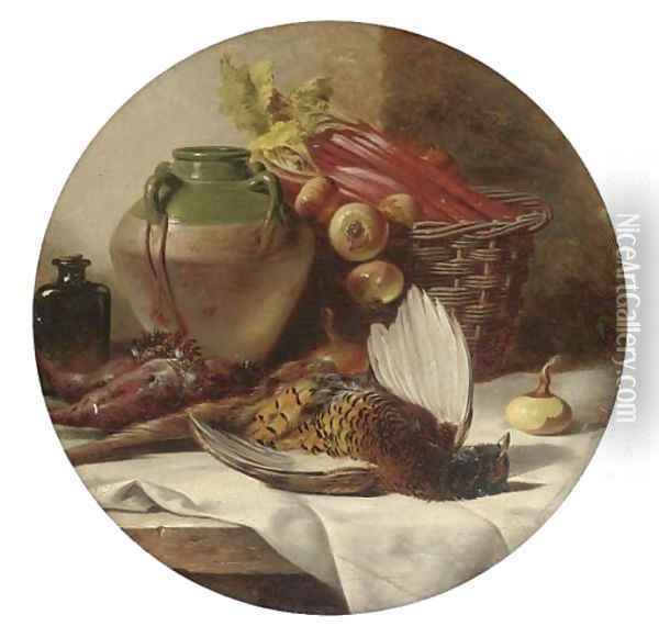 A pheasant, onions, rhubarb in a basket Oil Painting - William Duffield