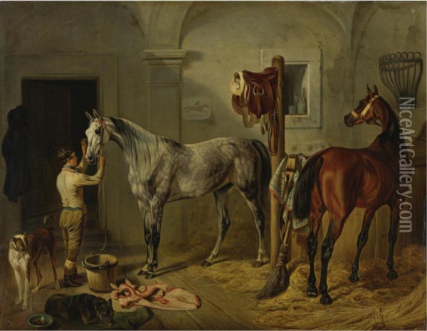 Preparing For The Hunt, A Dapple Grey And A Bay Hunter In A Stable Oil Painting - James Loder