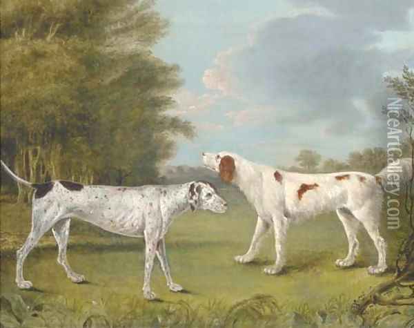 An English setter and a pointer in a landscape Oil Painting - I. Rothwell