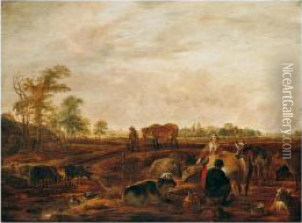 A Landscape With A Milkmaid And 
Man Milking A Cow Near Farm Buildings, A Man Leading A Horse On A Track 
Nearby, A Church And Windmill In The Distance Oil Painting - Cornelis Saftleven