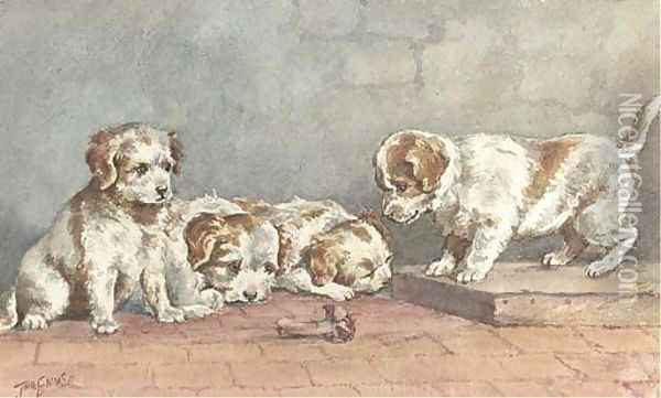 Puppies on a step Oil Painting - John Emms