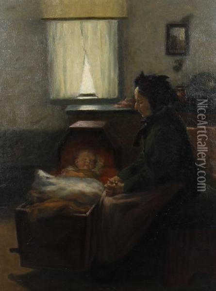 At The Cradle Oil Painting - Fritz Schnitzler