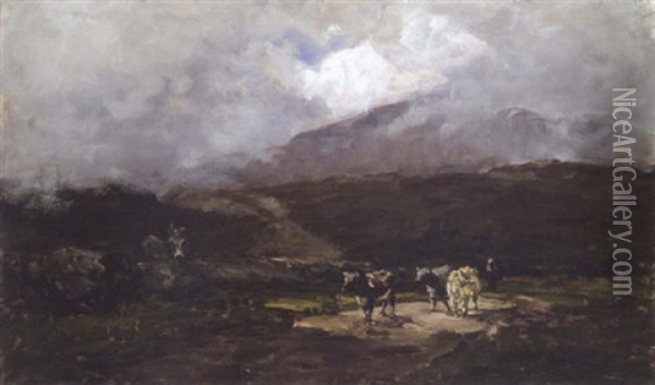 Glenmalure, Co. Wicklow - Herdsman And Cows On A Country Road Oil Painting - Nathaniel Hone the Younger