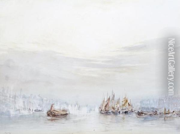Barges On The Thames Oil Painting - Herbert John Finn