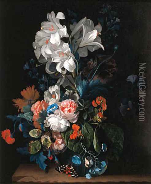 Lilies, roses, carnations and other flowers in a glass vase on a stone ledge with a butterfly Oil Painting - Justus van Huysum
