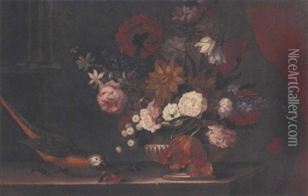 Roses, Tulips, Lilies And Other Flowers, In A Strone Urn, With A Parrot On A Ledge Oil Painting - Pieter Casteels III