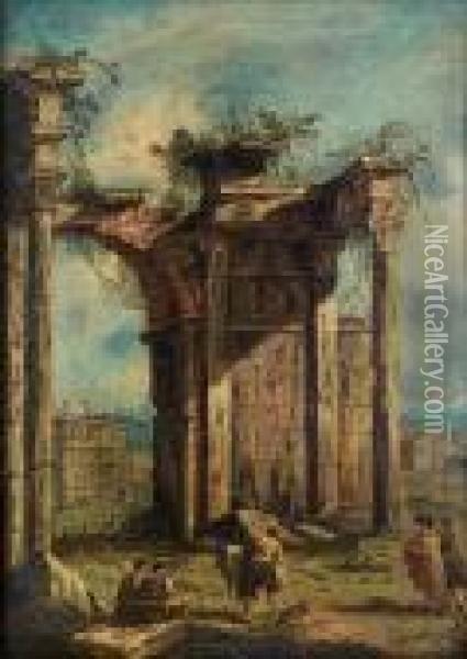 Figures Beneath A Ruined Arch Oil Painting - Francesco Guardi