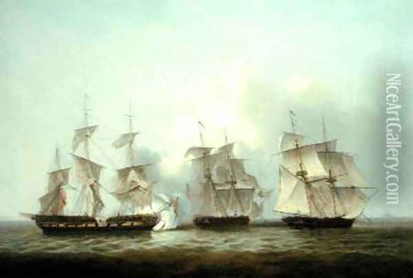 HMS Gore in Action With the French Brigs Palinure and Pilade Oil Painting - Thomas Luny