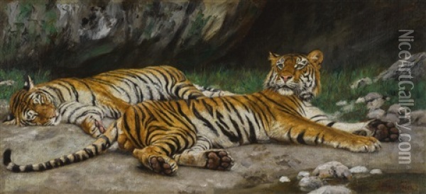 Resting Tigers Oil Painting - Geza Vastagh