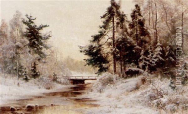 Landskap Med Bro Over Vattendrag - Solig Vintermorgon Oil Painting - Arvid Mauritz Lindstroem