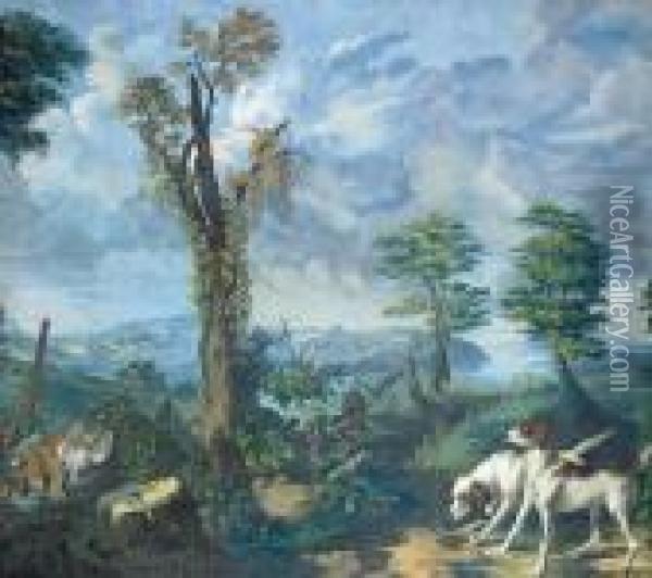Two Hounds In A Landscape Oil Painting - Alexandre-Francois Desportes