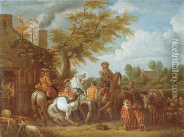 Soldiers And Other Figures On Horesback Outside A Blacksmith's Forge Oil Painting - Pieter van Bloemen