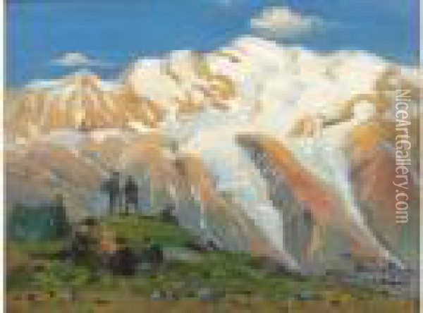 Le Camp De Base Du Mont Blanc Vu Du Brevent Oil Painting - G. Busset