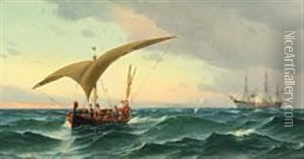 Seascape With The Frigate Jutland Hit Oil Painting - Vilhelm Victor Bille