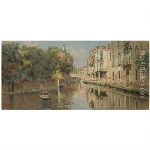 Palacios Junto Al Canal, Venecia (palaces By A Canal, Venice) Oil Painting - Antonio Maria de Reyna Manescau