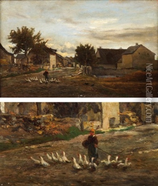Le Troupeau D'oies, Village Pres De Barbizon Oil Painting - Charles Francois Daubigny