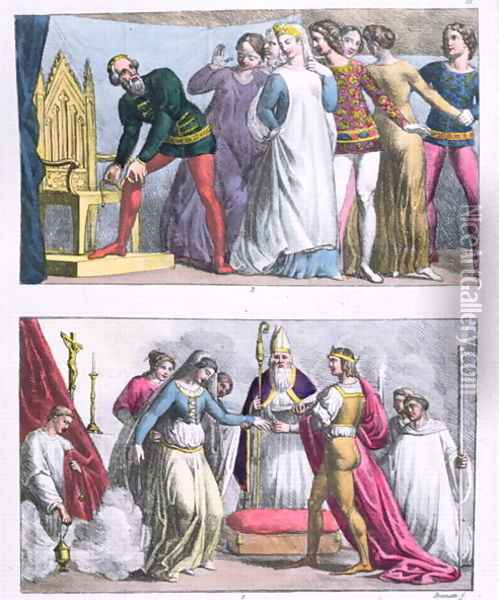 Institution of the Order of the Garter by Edward III (1312-77) in 1348 and the marriage of Henry I (1068-1135), from 'Le Costume Ancien et Moderne' Oil Painting - G. Bramati
