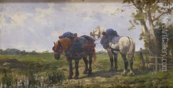 Chevaux Harnaches A L'arret Oil Painting - Eugene Galien-Laloue