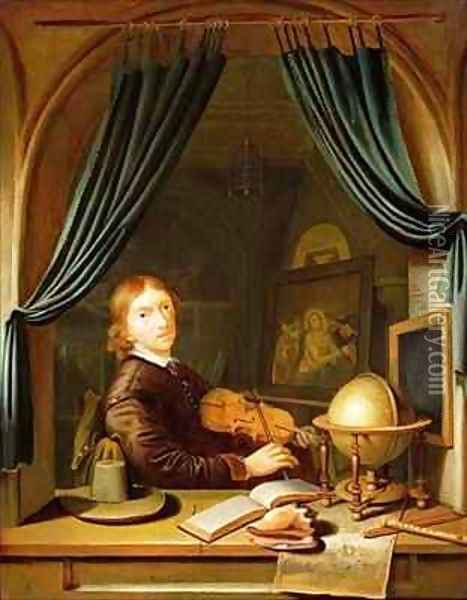 A Musician Playing a Violin by a Draped Casement Oil Painting - Pieter Cornelisz van Egmont