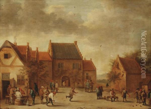 A Town View With Figures Playing Ballgames Oil Painting - David The Younger Teniers