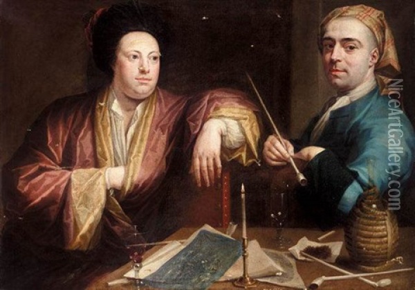 A Candlelit Scene Of Two Gentlemen Smoking Oil Painting - Josef van Aken