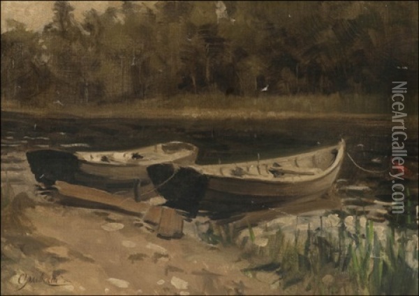 Boats On The Bank Oil Painting - Vladimir Donatovitch Orlovsky