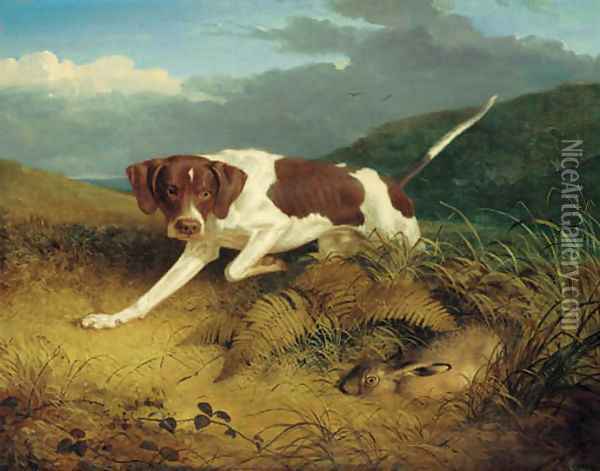 A pointer coming upon a hare Oil Painting - Thomas Woodward