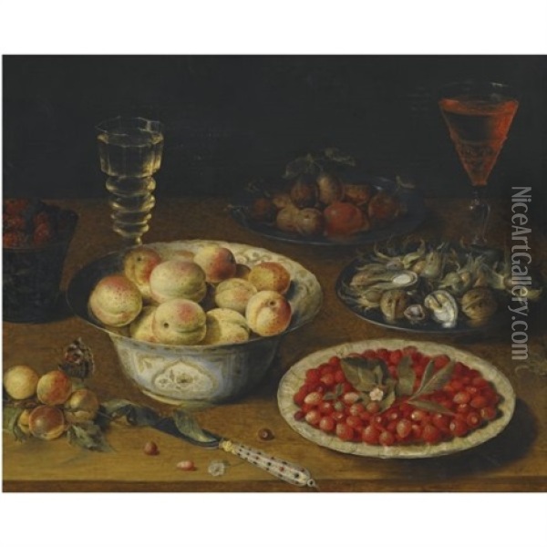 A Still Life With Peaches, Fraises De Bois, Mulberries And Plums, Together With A Plate Of Hazelnuts And Walnuts, A Knife And Two Wine Glasses On A Wooden Tabletop Oil Painting - Osias Beert the Elder