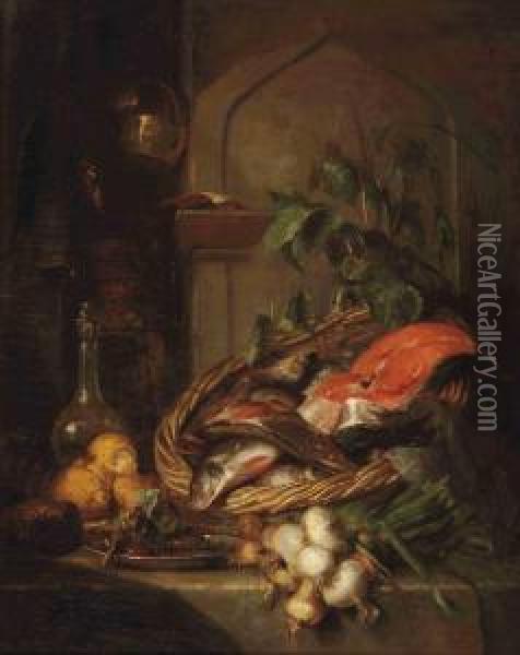 Fish In A Wicker Basket, Spring Onions, Lemons, A Bread, Cherries On A Plate And A Glass Vase, All On A Stone Ledge Oil Painting - Maria Vos