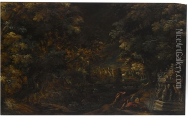 Pyramus And Thisbe In A Moonlit Wooded Landscape Oil Painting - Kerstiaen de Keuninck