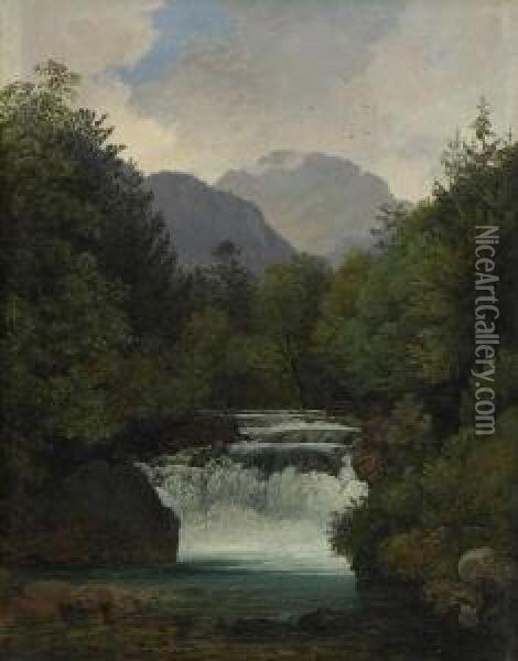 Gebirgstal Mit
 Wasserfall. Oil Painting - Ernst Kaiser