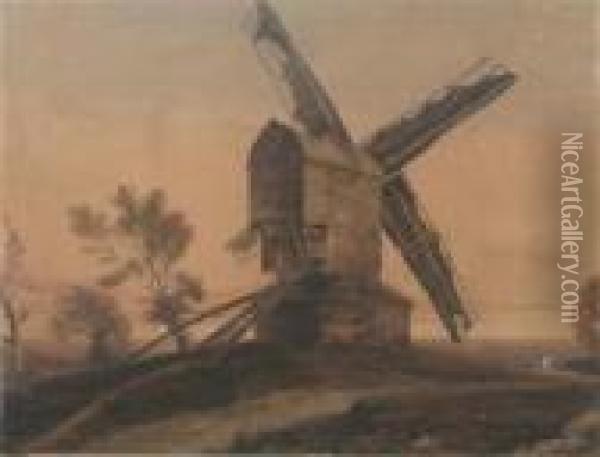 Cattle By A Windmill In An Extensive Landscape Oil Painting - Peter de Wint