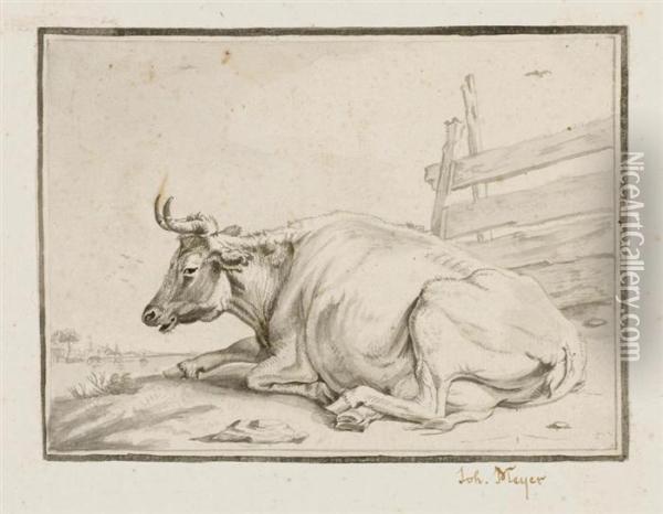 Reclining Cow. Oil Painting - Johann Jakob Meyer