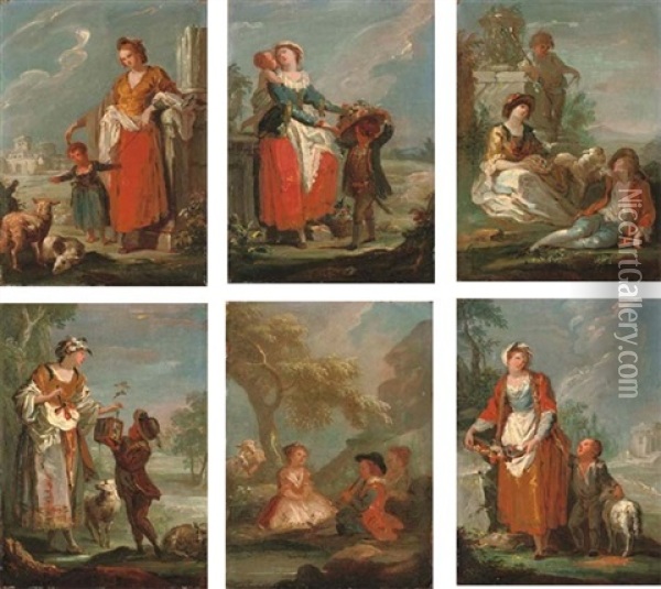 A Shepherdess And A Child In A Landscape With Ruins (+ 5 Others; Set Of 6) Oil Painting - Giuseppe Bernardino Bison