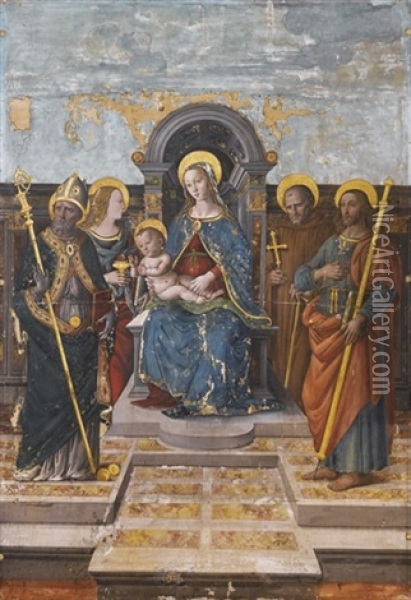Madonna Col Bambino In Trono Fra I Santi Nicola Da Bari, Giacomo, Maddalena E Antonio Abate Oil Painting - Antonio di Donnino Mazziere