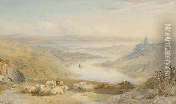 Sheep By A Gorge, A View To An Estuary Beyond Oil Painting - Cornelius Pearson