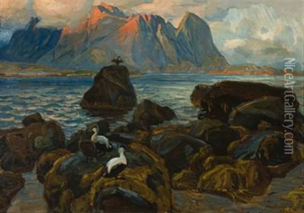 Ved Kysten - Reine I Lofoten Oil Painting - Thorolf Holmboe